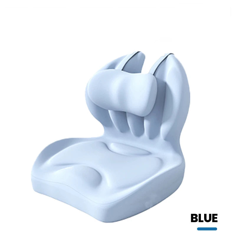 A light blue adjustable memory foam lumbar support cushion shown from above.