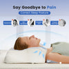 A white ergonomic memory foam pillow is shown being used by a person, highlighting its correct sleep posture benefits.