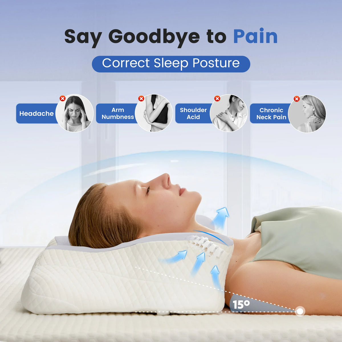 A white ergonomic memory foam pillow is shown being used by a person, highlighting its correct sleep posture benefits.