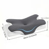 Gray ergonomic memory foam neck pillow with blue LED light, shown flat.