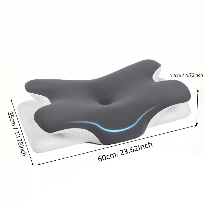 Gray ergonomic memory foam neck pillow with blue LED light, shown flat.