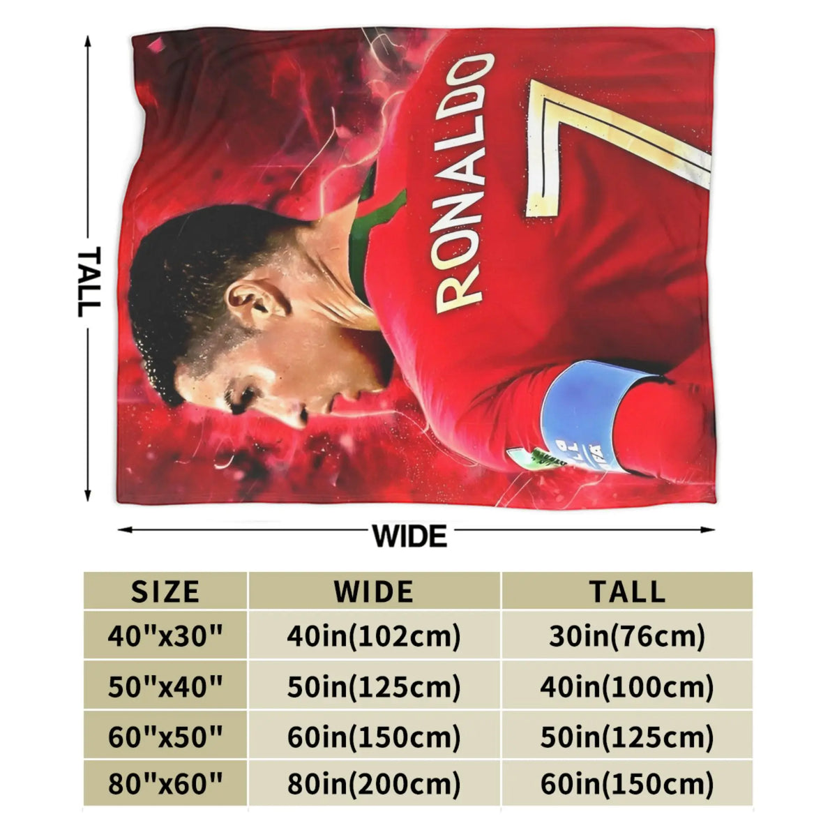 A red blanket featuring a graphic of a soccer player's face and the name RONALDO on it.