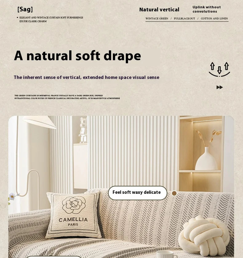 A beige sofa cover with a textured pattern and a cream pillow is shown in a bright interior setting.