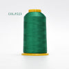A spool of dark green high tenacity polyester embroidery thread with a yellow core.