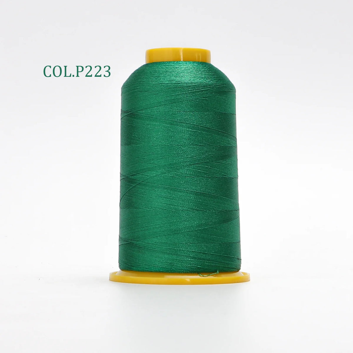 A spool of dark green high tenacity polyester embroidery thread with a yellow core.