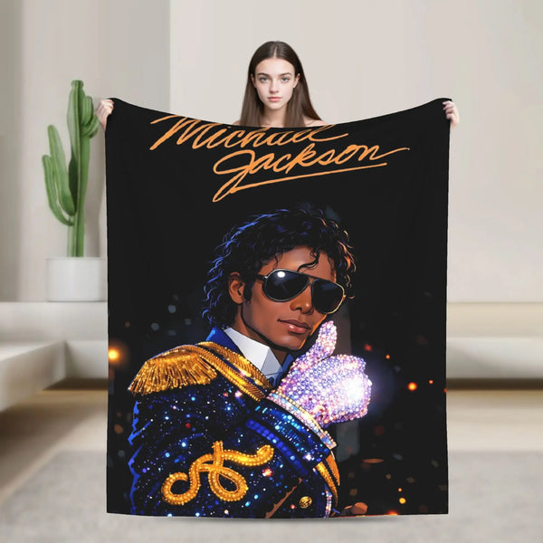 A black graphic throw blanket featuring a portrait of Michael Jackson in a military-style jacket.