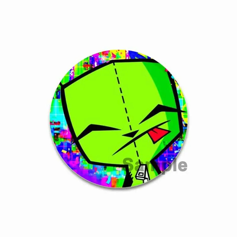 A circular enamel pin featuring a stylized green face with black markings and a colorful, abstract background.