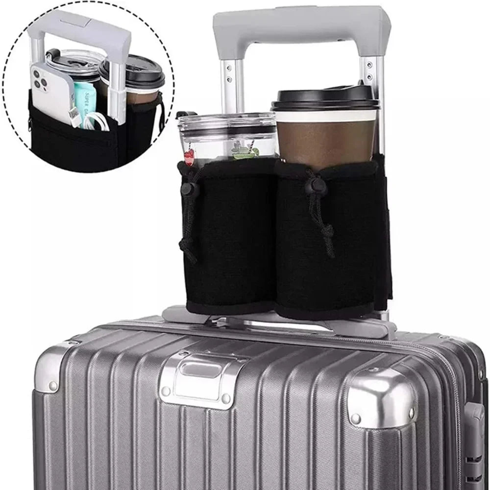 A universal suitcase cup holder with a silicone insert is shown mounted on a silver suitcase.