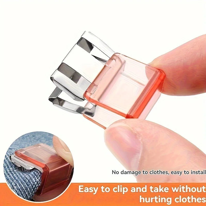 A hand is holding an invisible hem shortening clip, demonstrating its easy use for clothing.
