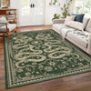 A rectangular olive green area rug featuring a detailed beige snake print pattern in a living room setting.