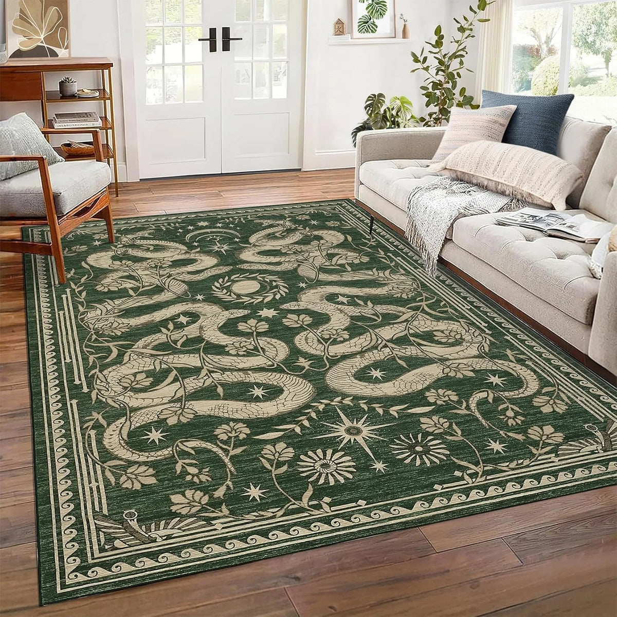 A rectangular olive green area rug featuring a detailed beige snake print pattern in a living room setting.