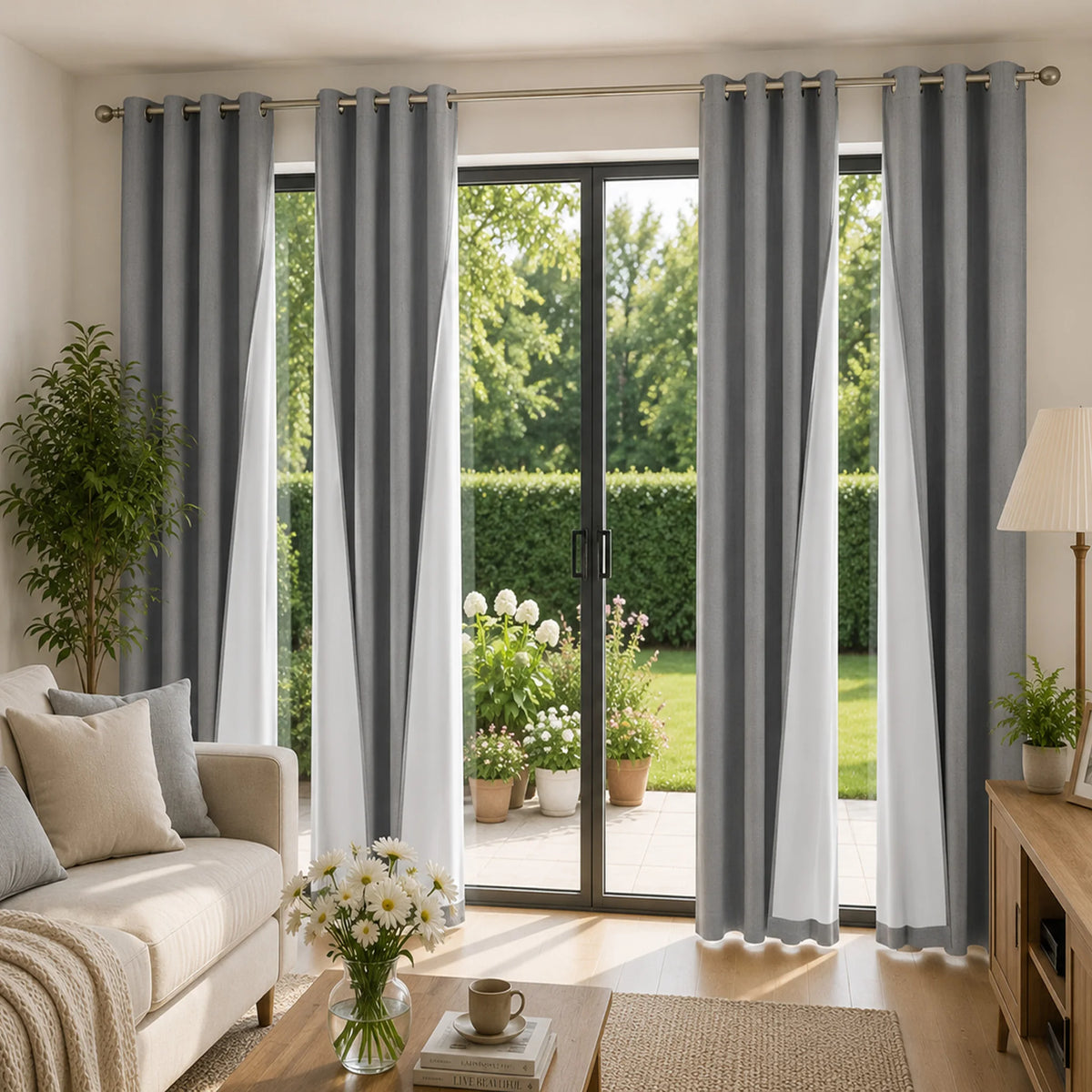 Set of four grey and white linen textured blackout curtains hanging in a modern living room