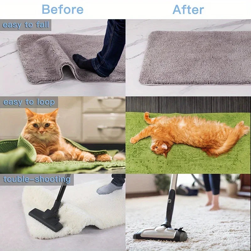 Before and after comparison of reusable non-slip rug grippers used for easy falling and looping.