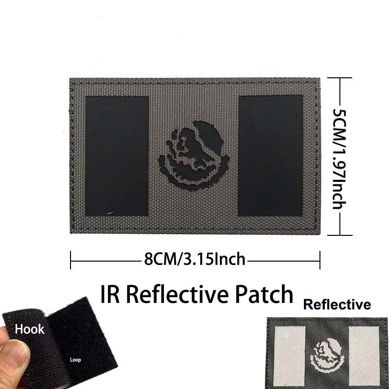 An IR Reflective Patch featuring an eagle design on a dark background, shown next to a hook and loop.