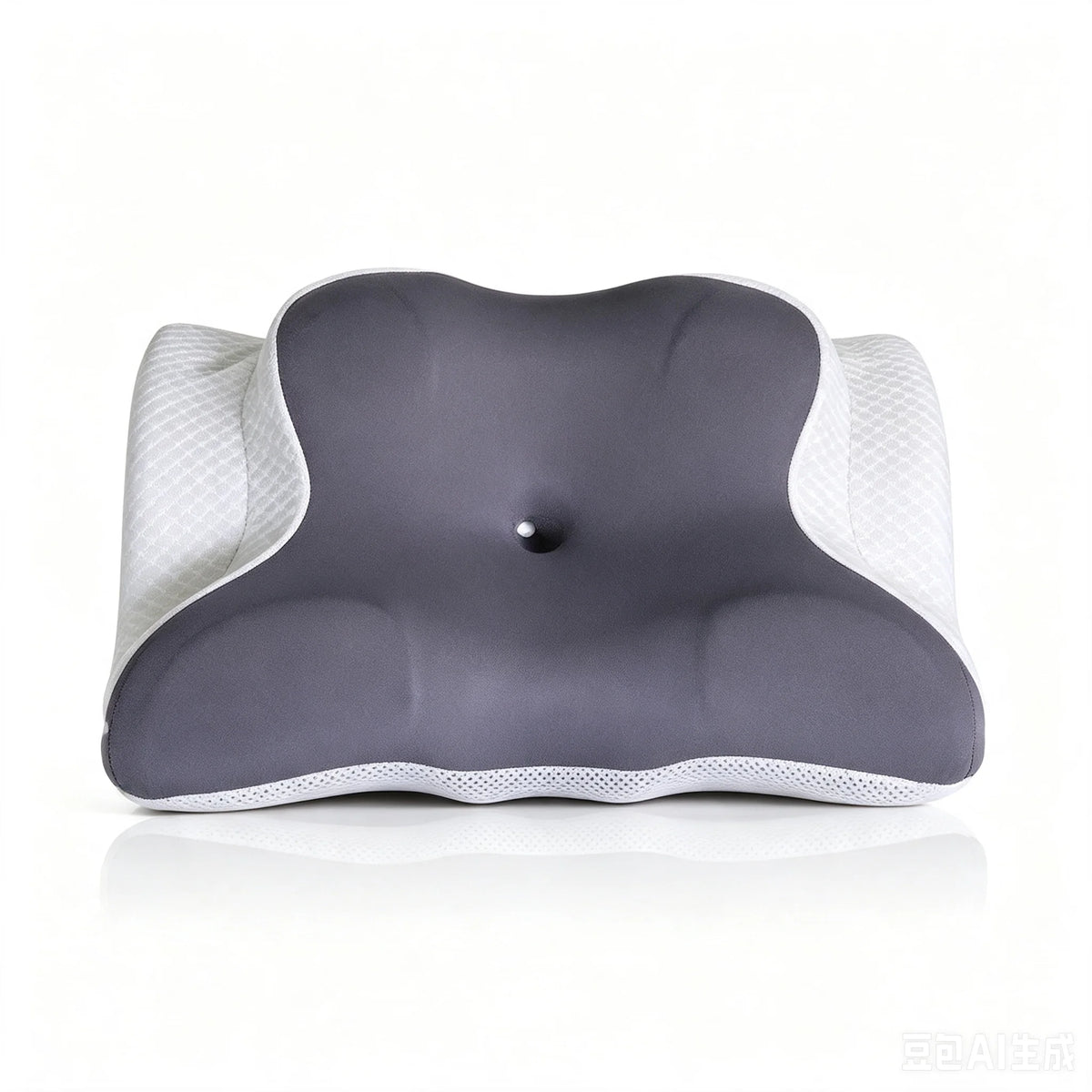 Gray cooling memory foam pillow with white mesh cover and neck support