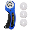 A blue rotary cutter tool and three interchangeable cutting blades are shown.