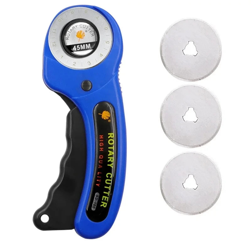 A blue rotary cutter tool and three interchangeable cutting blades are shown.