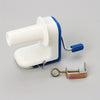 A hand operated wool yarn winder with a white and blue plastic body and a metal clamp.