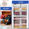 Before and after comparison of elastic bed sheet organizer straps with size labels for bedding organization