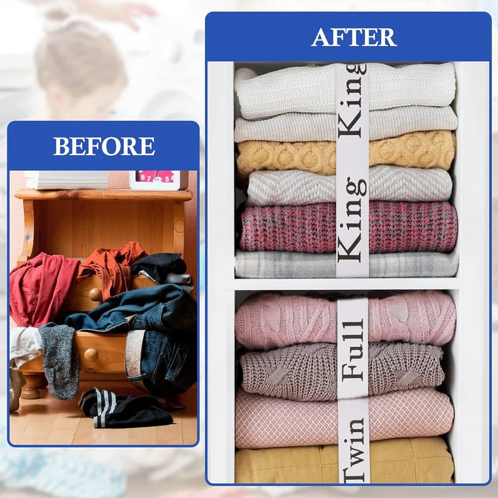 Before and after comparison of elastic bed sheet organizer straps with size labels for bedding organization