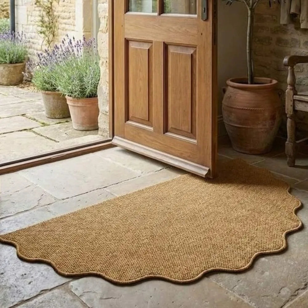 A natural jute non-slip entrance door mat placed on a stone floor next to a wooden door.