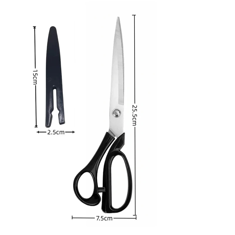 A pair of professional heavy duty fabric scissors with black handles and silver blades shown against a white background.