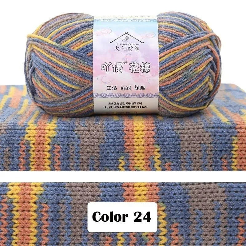 A ball of multicolored yarn featuring shades of blue, yellow, and orange used for knitting projects.