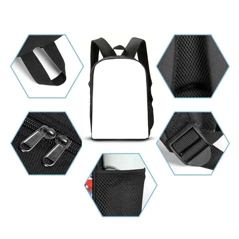 A black durable 16-inch student backpack shown from various angles including the main view, strap detail, and pocket features