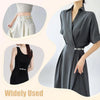 A dark gray collared dress with a cinching clip detail shown alongside a light-colored cropped pant.