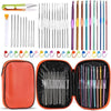 A set of various crochet needles, knitting needles, and stitch markers in different colors and materials packaged in a leathe