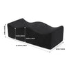 Black ergonomic seat cushion with dimensions marked for tailbone relief and hip support