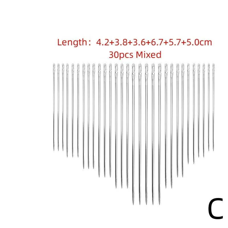 A set of 30 mixed stainless steel self-threading sewing needles.