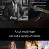 A pair of designer tailor shears with a dark handle and sharp blades shown next to various fabrics.