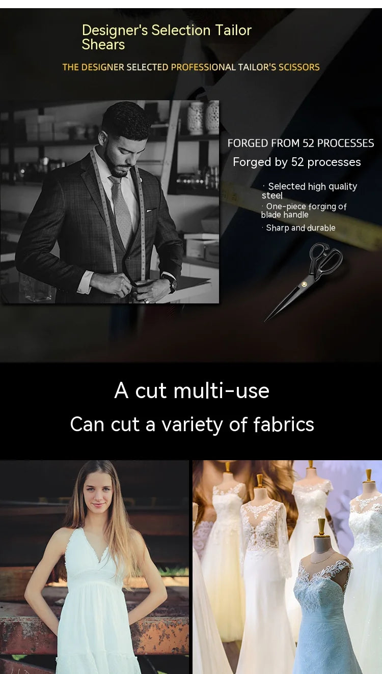 A pair of designer tailor shears with a dark handle and sharp blades shown next to various fabrics.