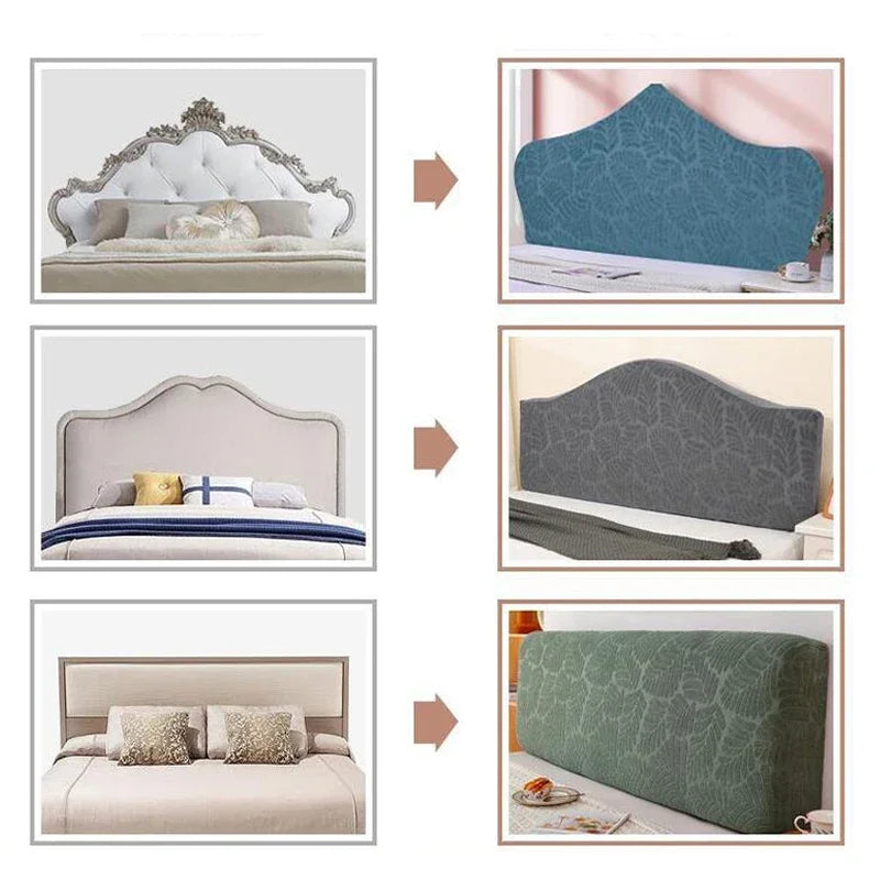 A collection of soft elastic headboard covers in various shades of blue, gray, and green.