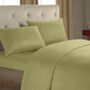 A close-up of a luxury solid stripe bedding set featuring light lime green striped pillows and a matching duvet on a bed.