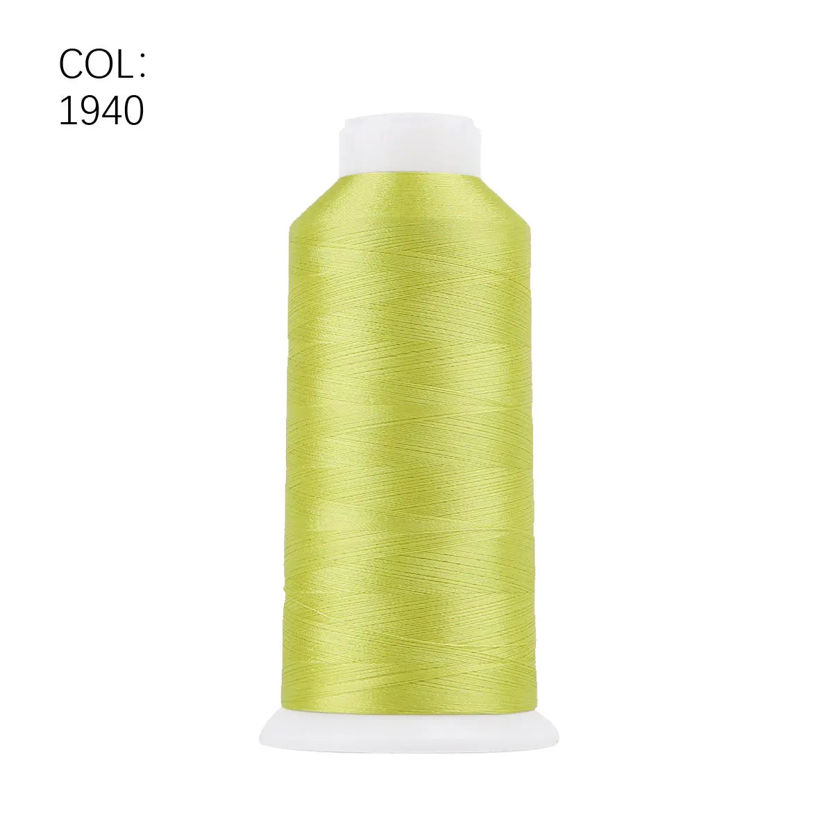 A roll of bright lime green polyester embroidery thread for sewing and crafting.