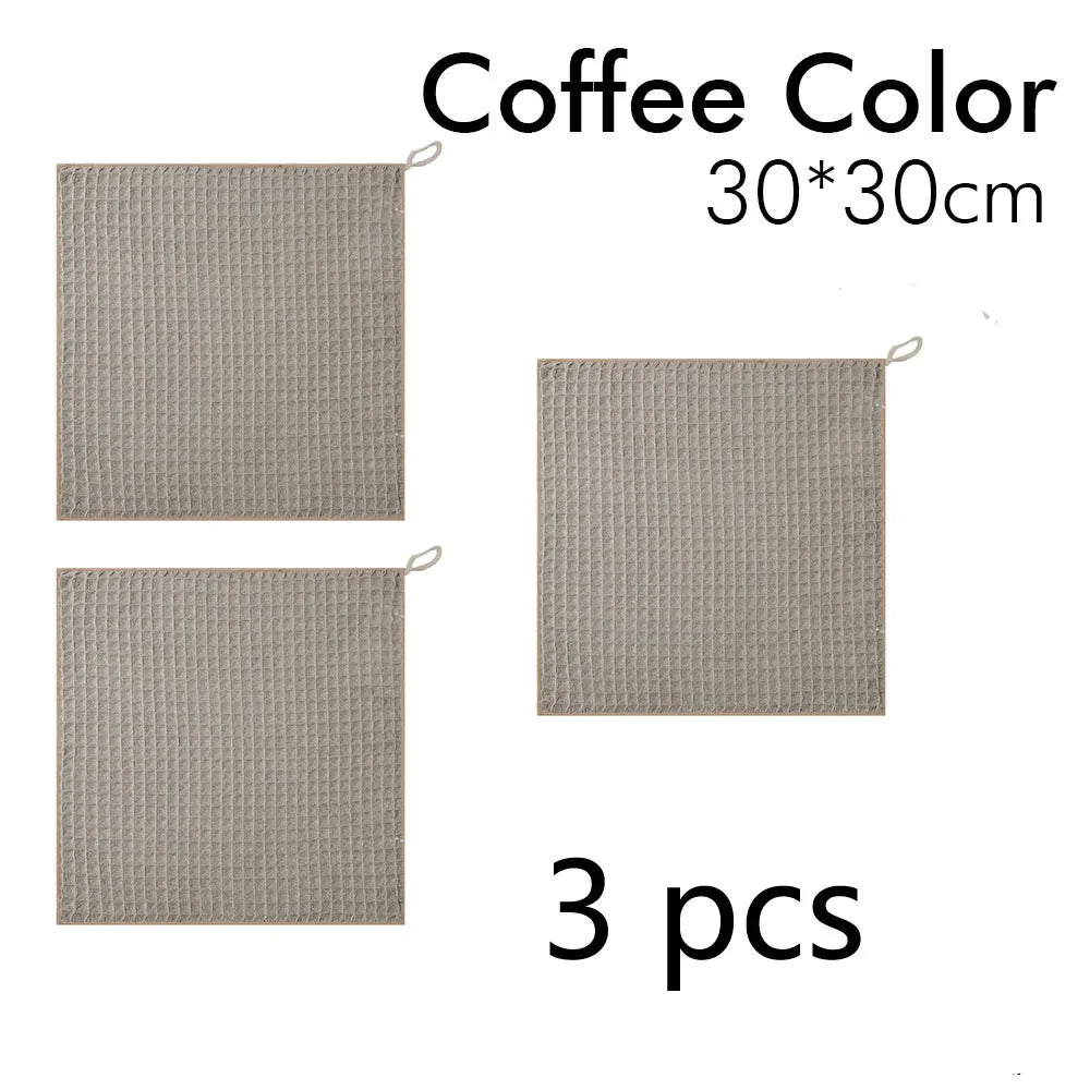 Three square coffee color lint-free microfiber cleaning towels, 30x30cm each.