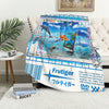 A bright blue and green Frutiger Aero themed throw blanket featuring a futuristic landscape and aquatic elements.