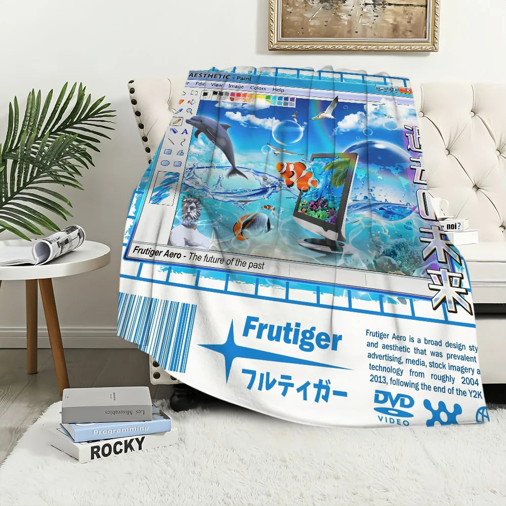 A bright blue and green Frutiger Aero themed throw blanket featuring a futuristic landscape and aquatic elements.