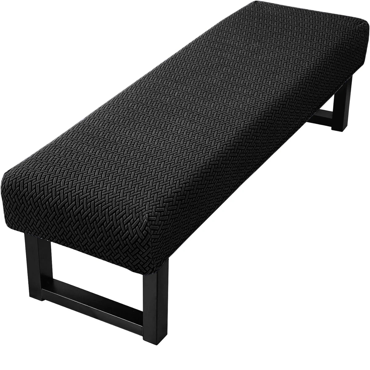Black stretch jacquard dining bench cover with a rectangular frame.