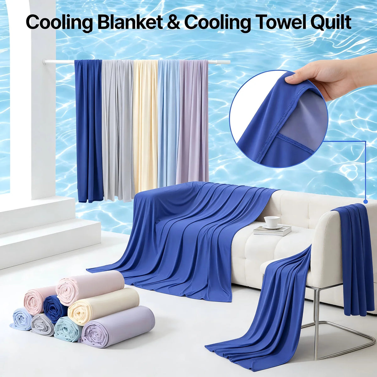 A blue ice silk cooling blanket and towel quilt displayed on a rack and draped over a sofa.