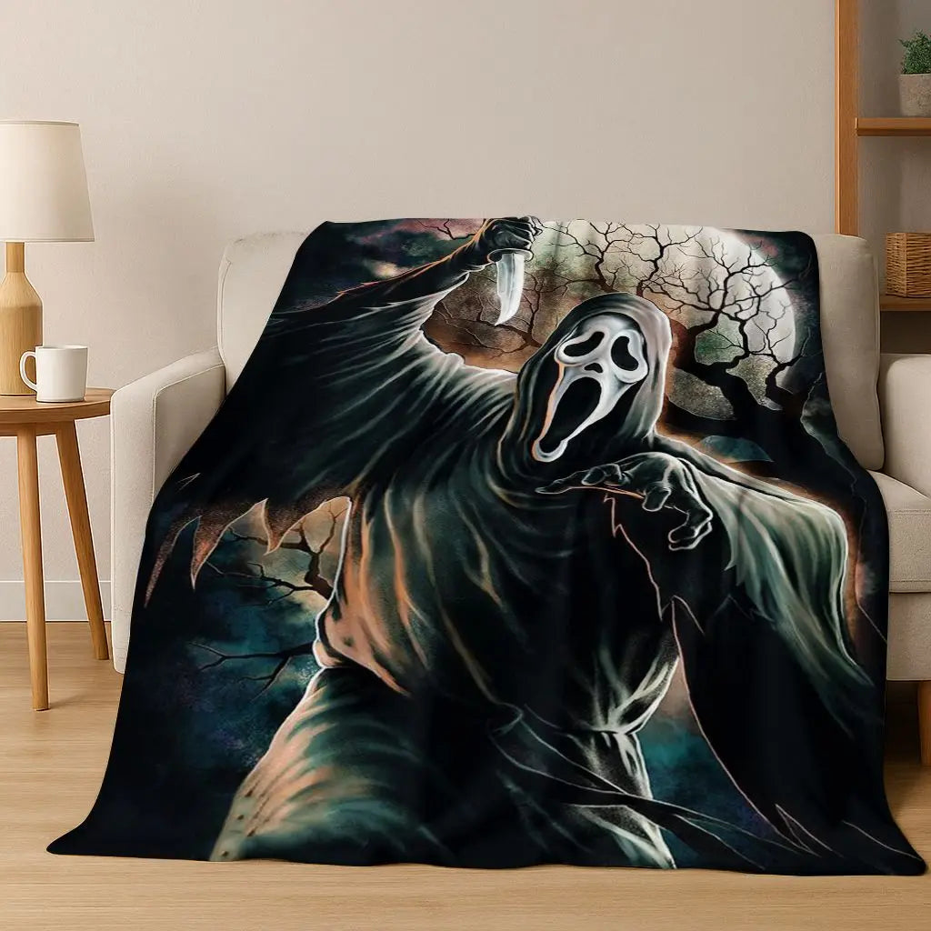 A dark, menacing horror character design printed on a flannel throw blanket.