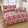 A floral printed duvet cover set featuring pink roses and green leaves on a white background.