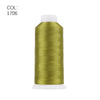 A roll of gold-green polyester embroidery thread with a white core and cap.