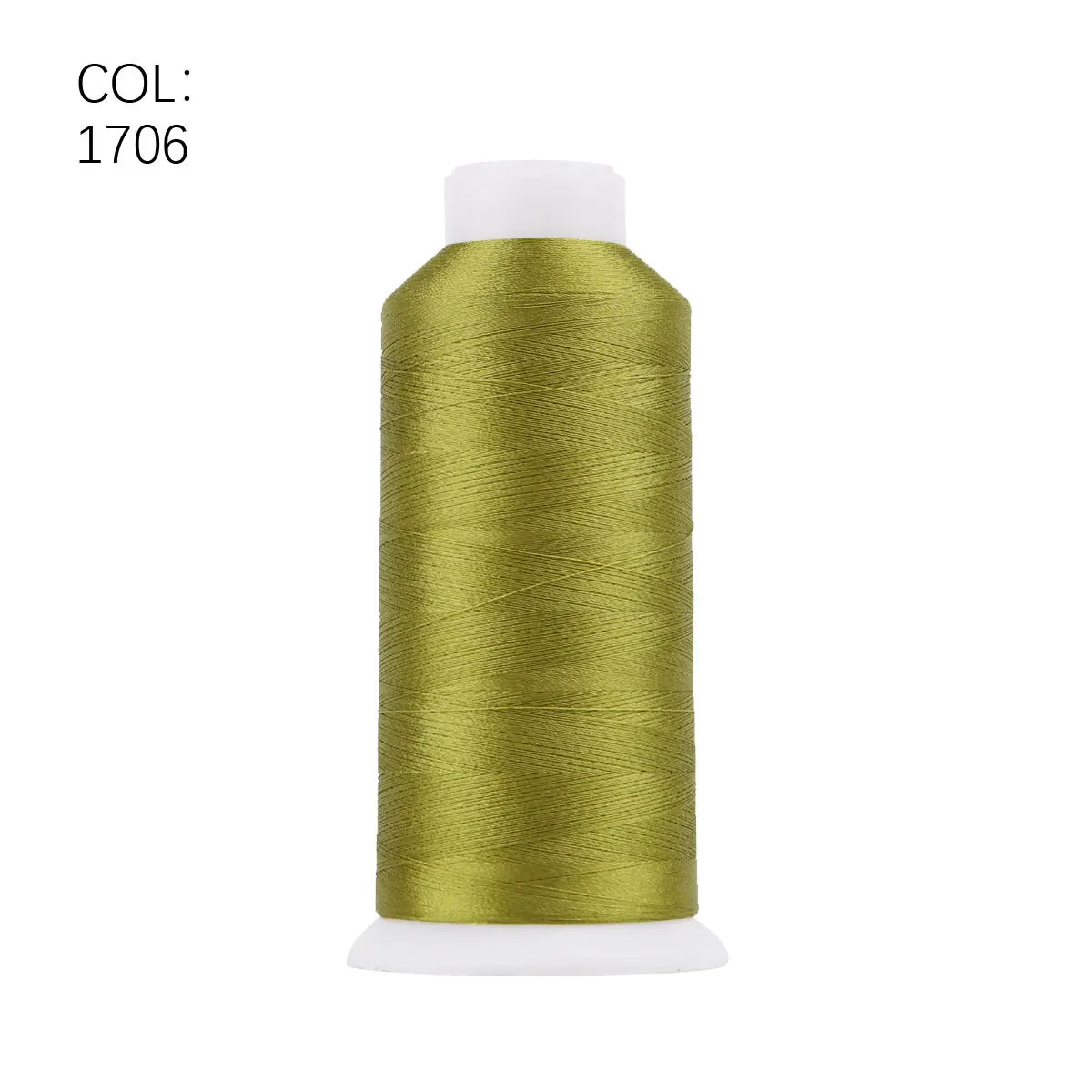 A roll of gold-green polyester embroidery thread with a white core and cap.