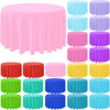 A collection of round plastic disposable table covers in various shades of pink, purple, blue, and green.