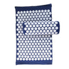 A dark blue acupressure relief mat and pillow set featuring numerous white, round acupressure dots.