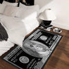 A black and white dollar pattern long runner carpet displayed on a wooden floor.