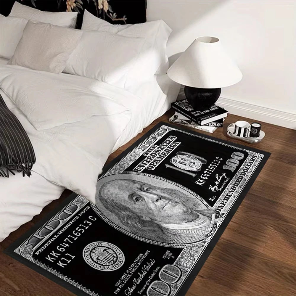 A black and white dollar pattern long runner carpet displayed on a wooden floor.